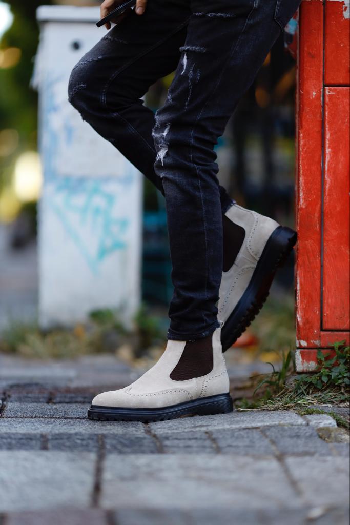 Genuine Leather Suede Chelsea Boots - Biege