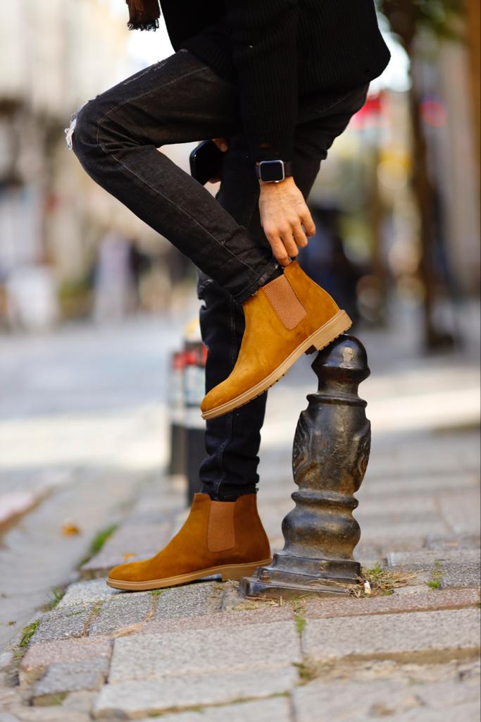Genuine Leather Suede Chelsea Boots - Mustard