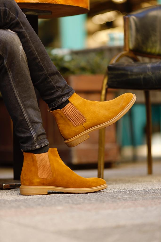 Genuine Leather Suede Chelsea Boots - Mustard