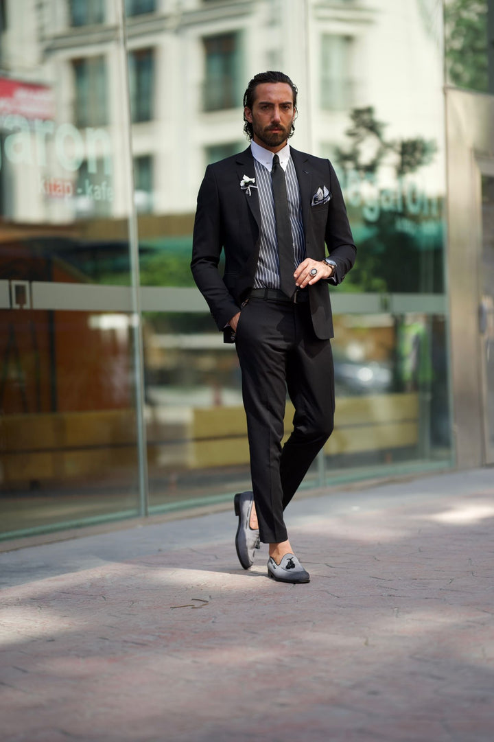 Slim Fit Black Mono Collar Suit