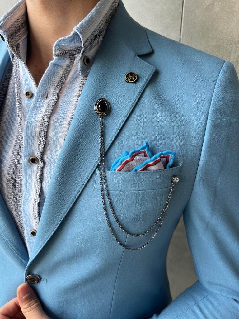 Mono Collar Double Slim Fit Jacket -Blue