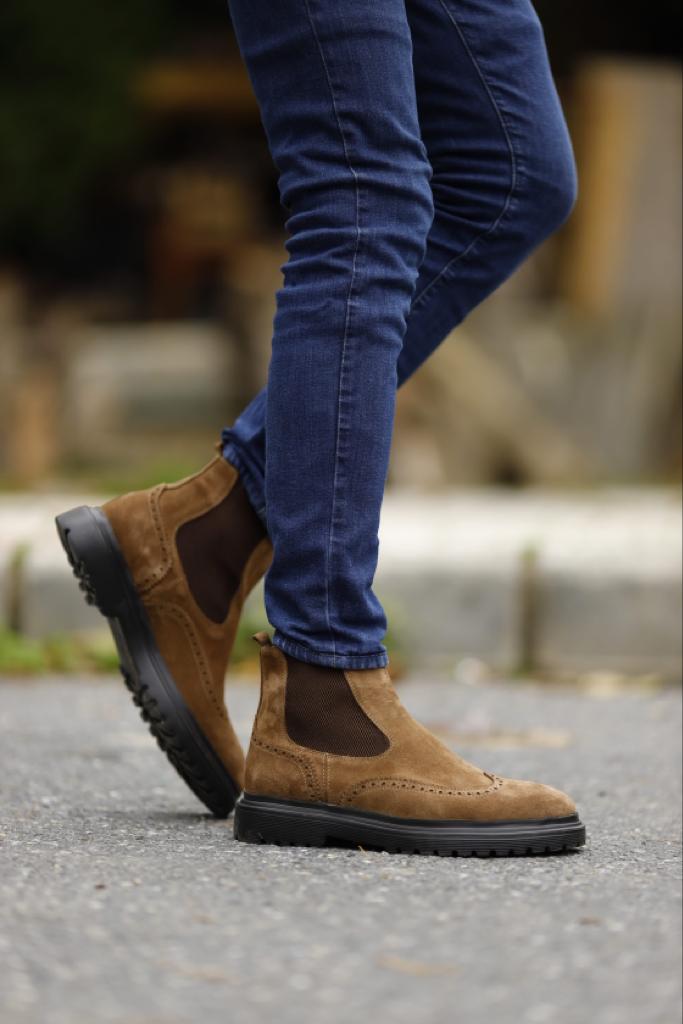 Nubuck Khaki Leather Chelsea Boots - Brown