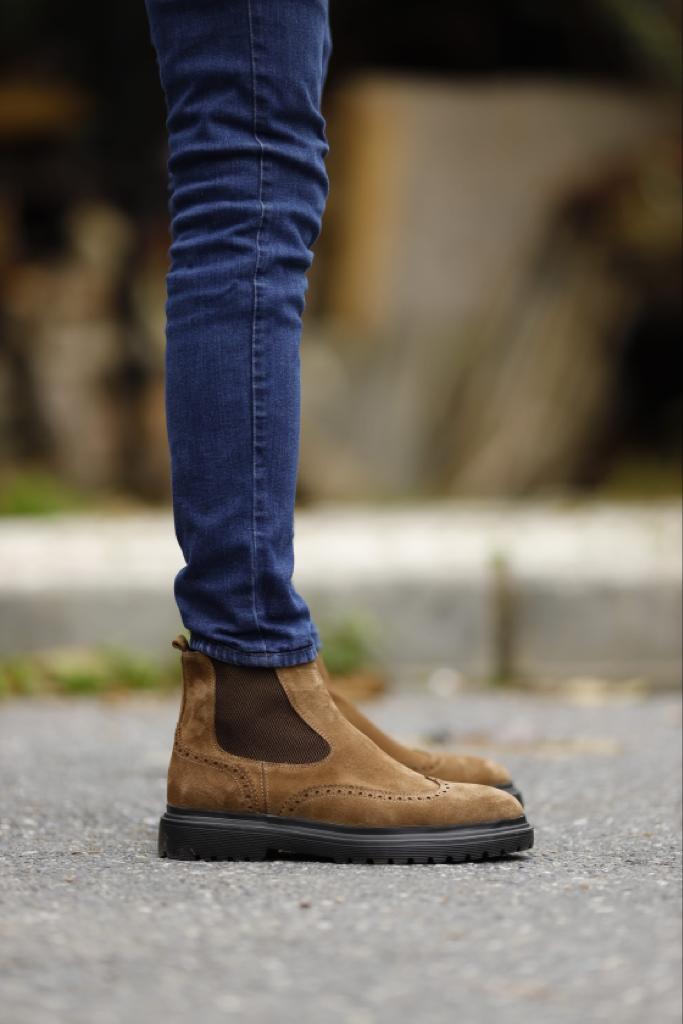 Nubuck Khaki Leather Chelsea Boots - Brown