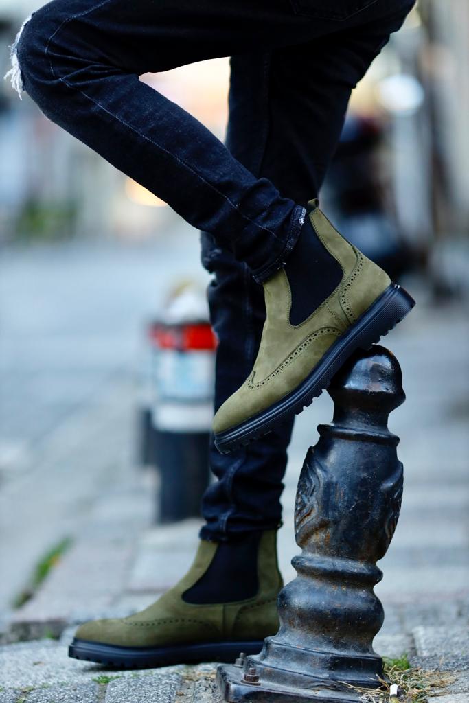 Nubuck Khaki Leather Chelsea Boots - Khaki