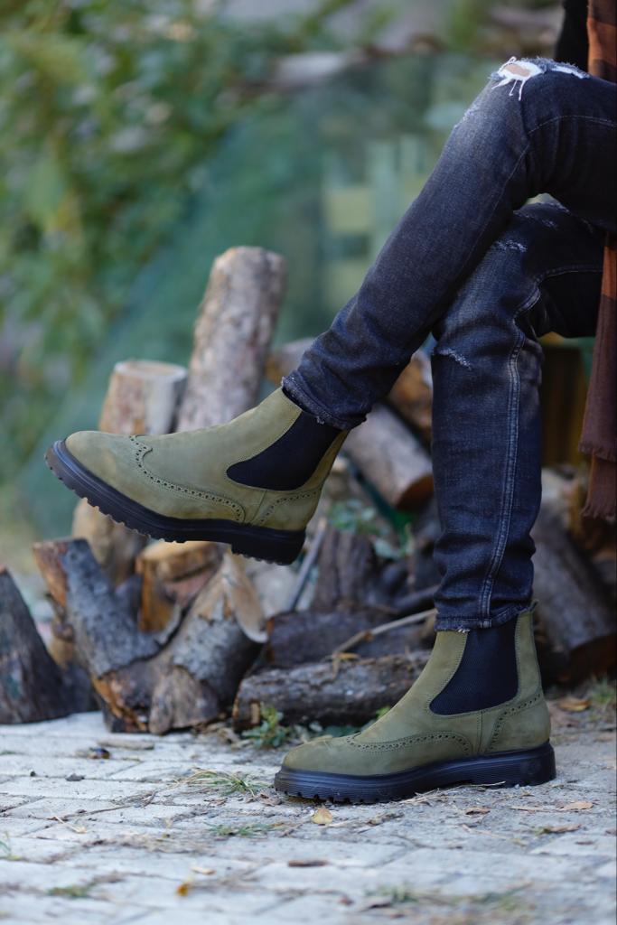 Nubuck Khaki Leather Chelsea Boots - Khaki