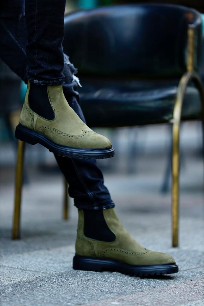 Nubuck Khaki Leather Chelsea Boots Khaki MenStyleWith