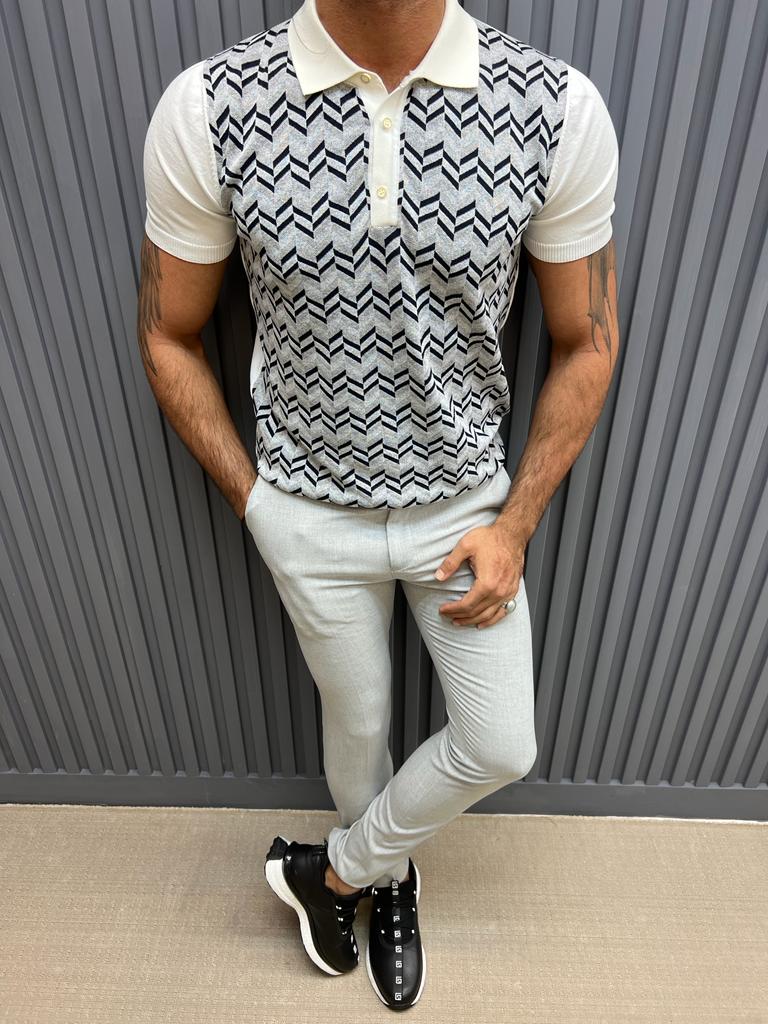 Patterned Knit T- Shirt- Grey