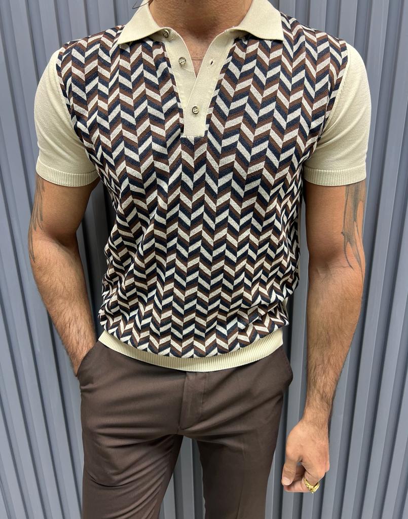 Patterned Knit T-shirt- Beige