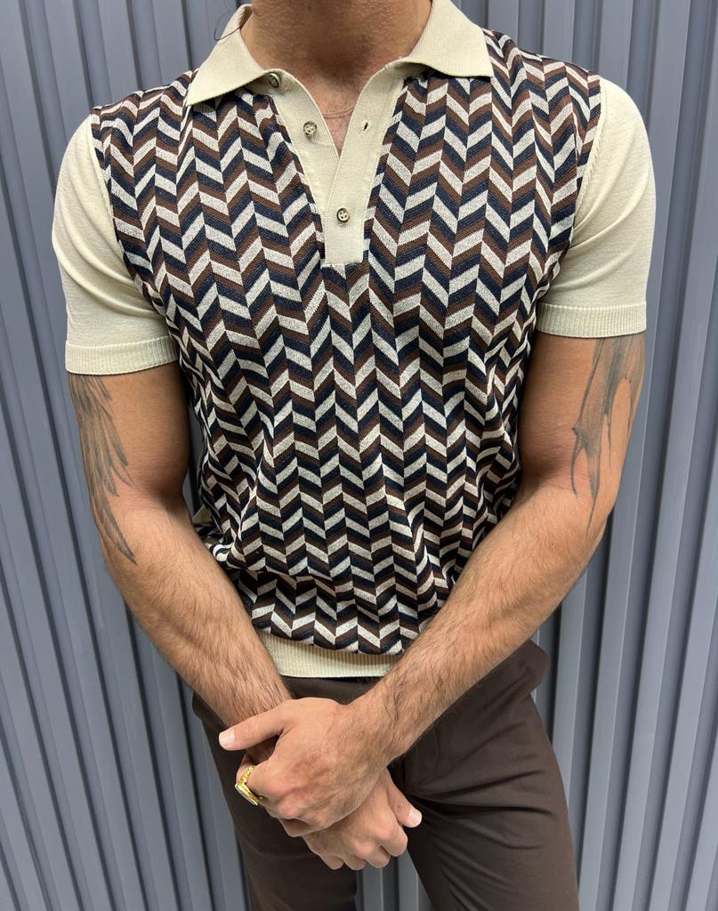 Patterned Knit T-shirt- Beige