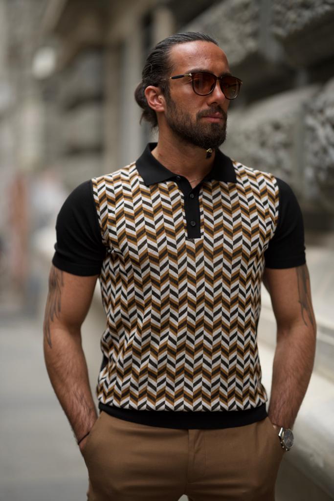 Patterned Knit T-shirt- Black