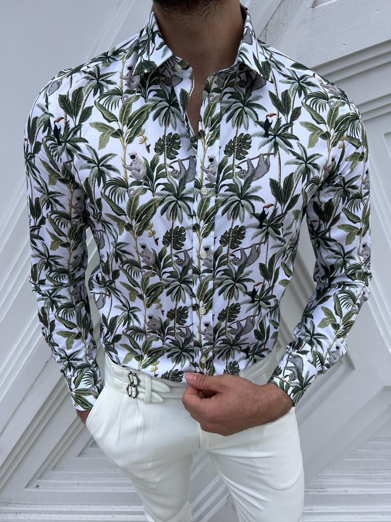 Patterned Slim Fit Shirt -White/Green