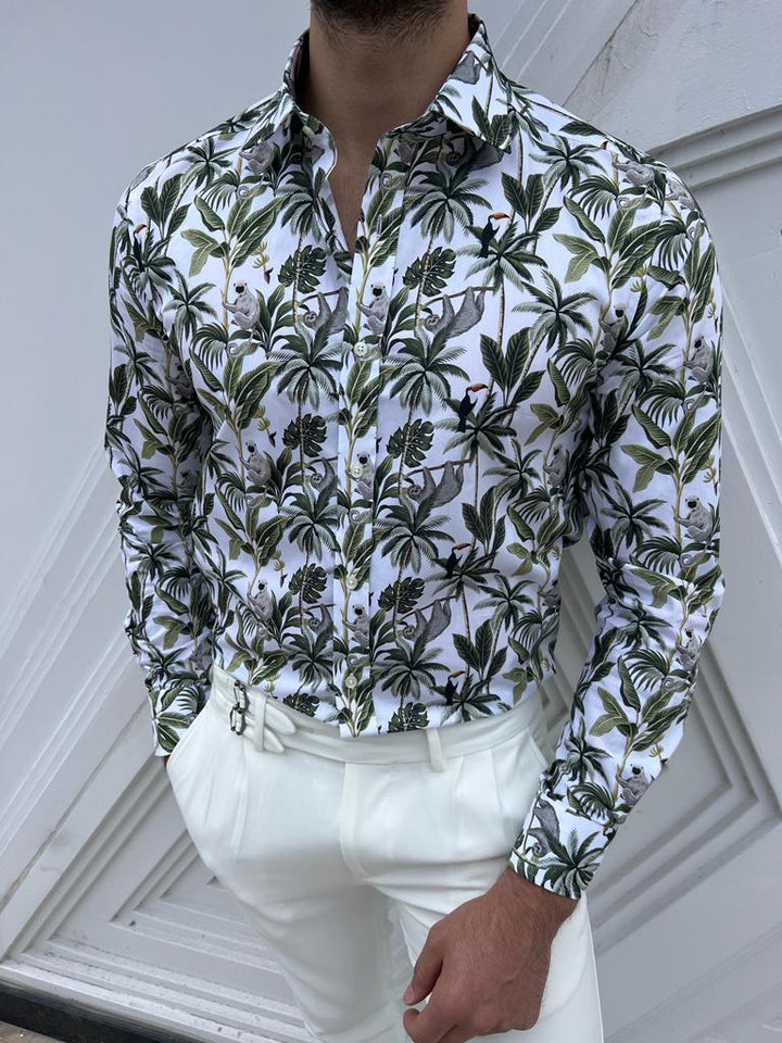 Patterned Slim Fit Shirt -White/Green