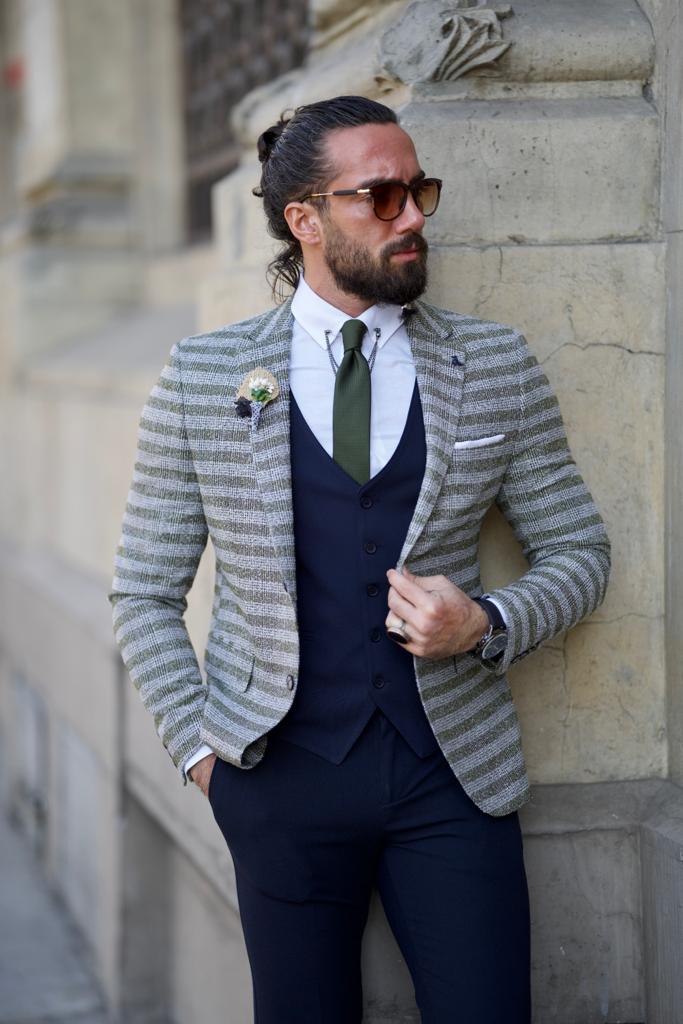 Plaid Striped Jacket - Khaki