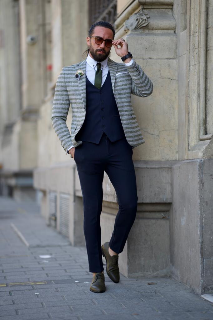 Plaid Striped Jacket - Khaki