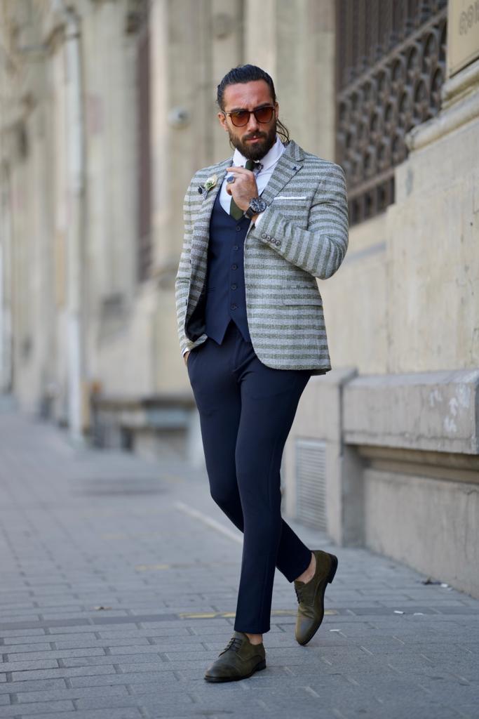 Plaid Striped Jacket - Khaki