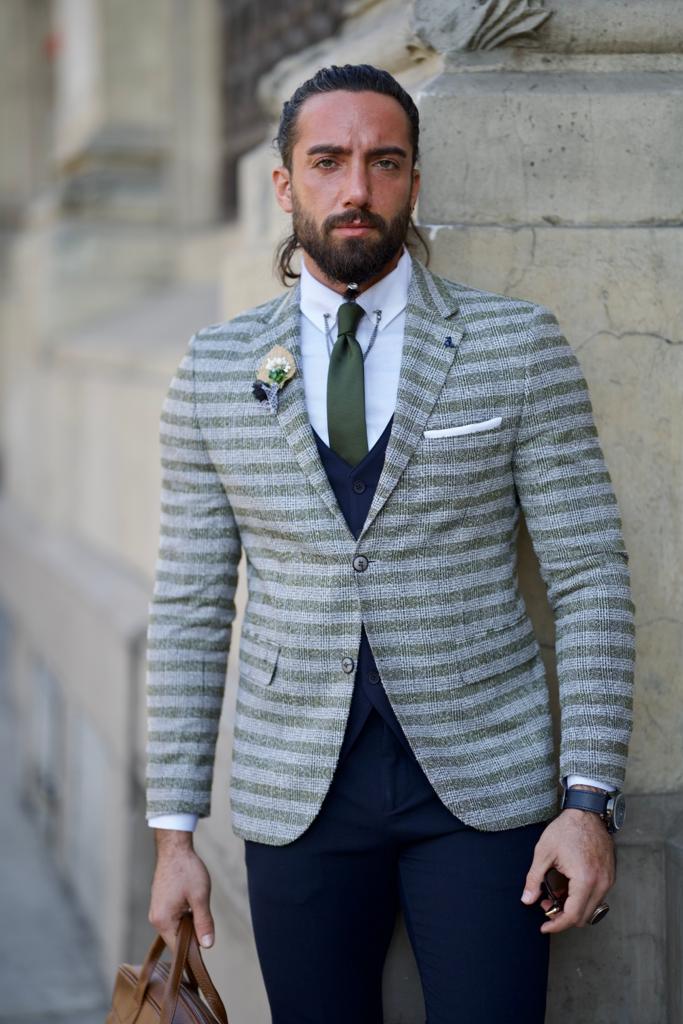 Plaid Striped Jacket - Khaki