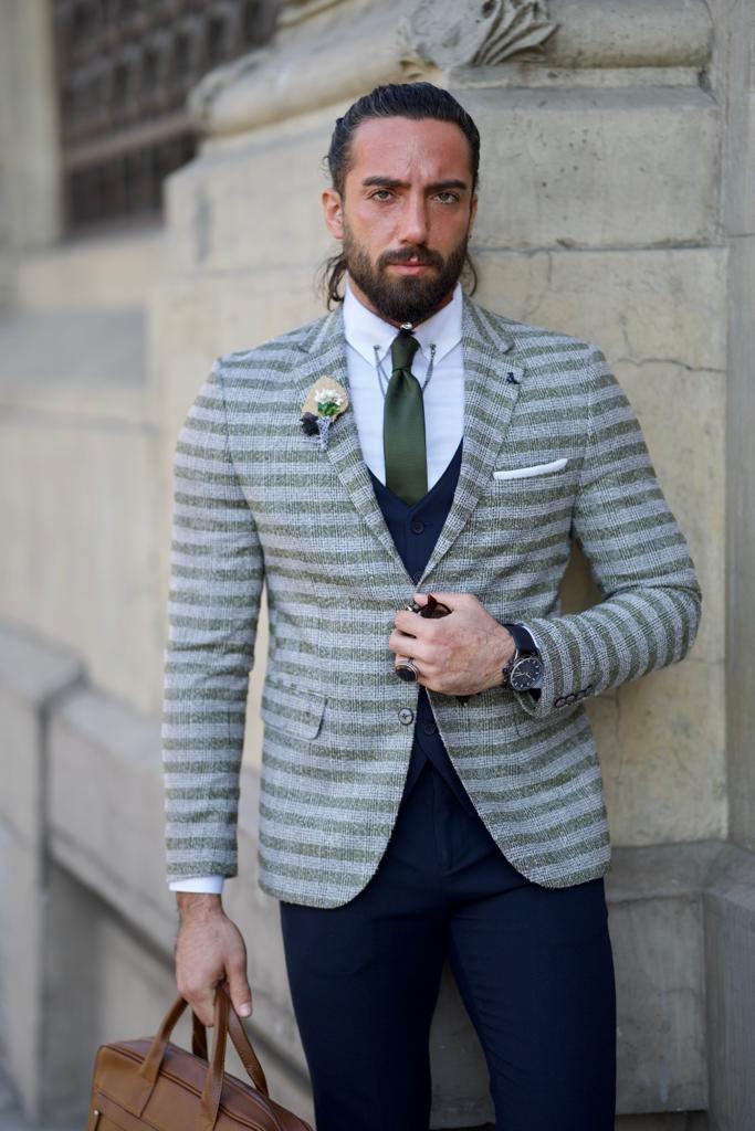 Plaid Striped Jacket - Khaki