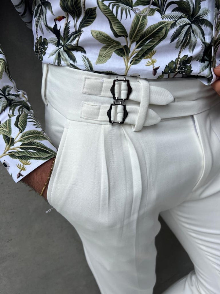 Pleated Waist Buckle Detailed Fabric Trousers - White