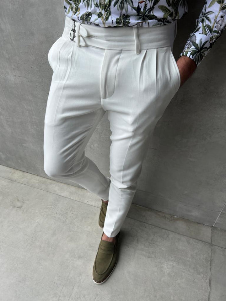 Pleated Waist Buckle Detailed Fabric Trousers - White