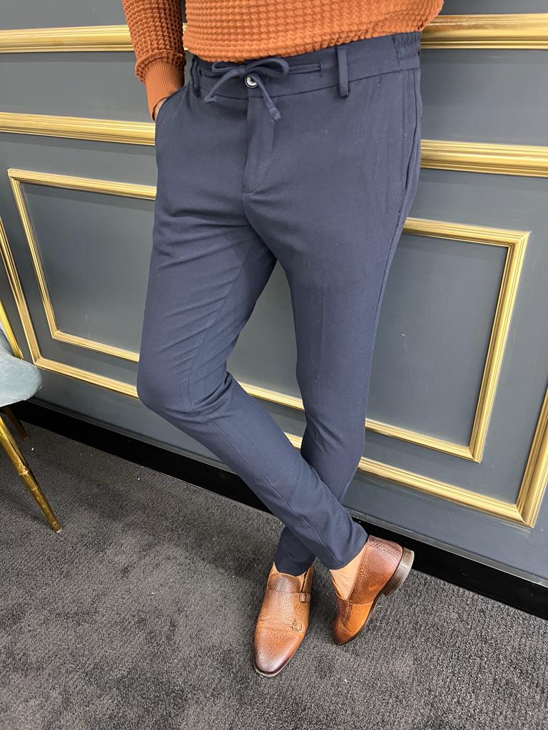 Rope Detailed Fabric Trousers - Dark Blue