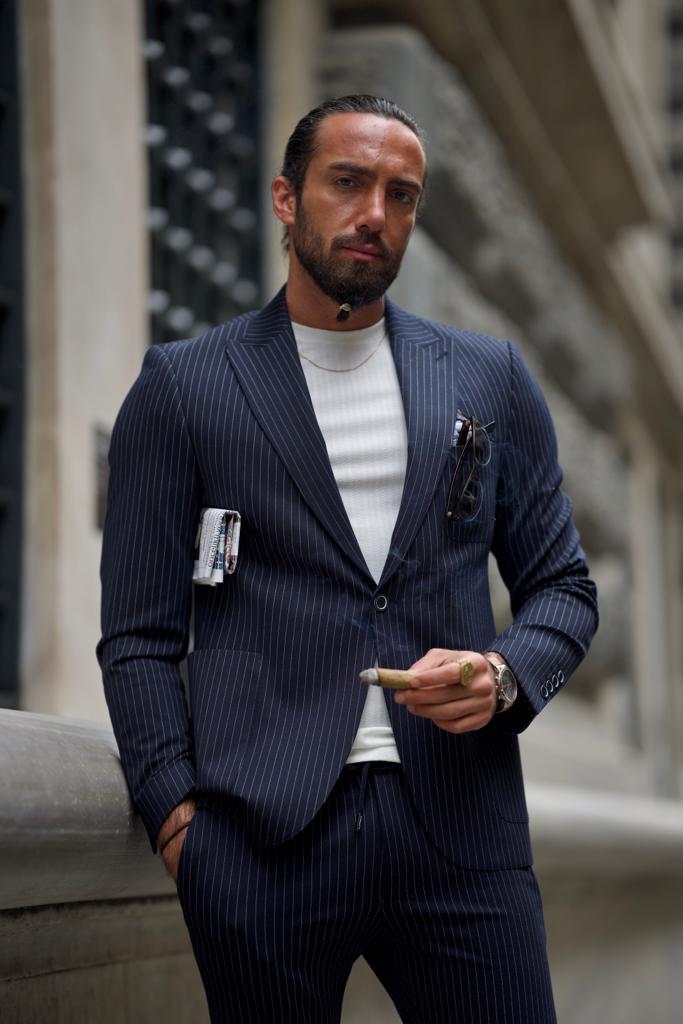 Striped Slim Fit Casual Suit-Dark Blue