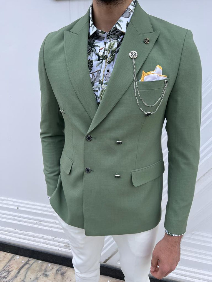 Slim Fit Double Breasted Jacket- Green