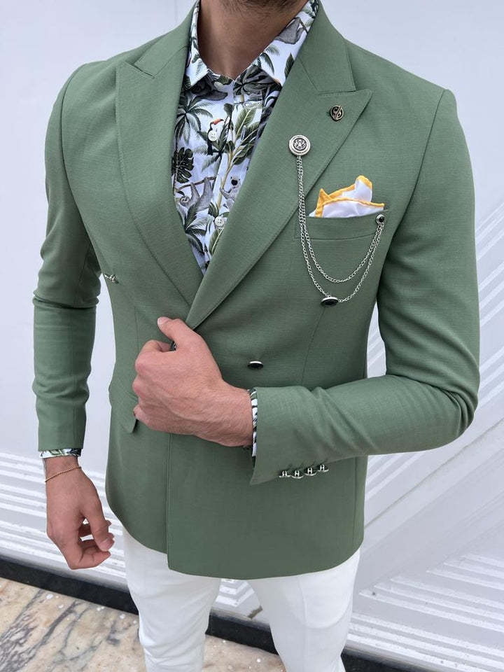 Slim Fit Double Breasted Jacket- Green