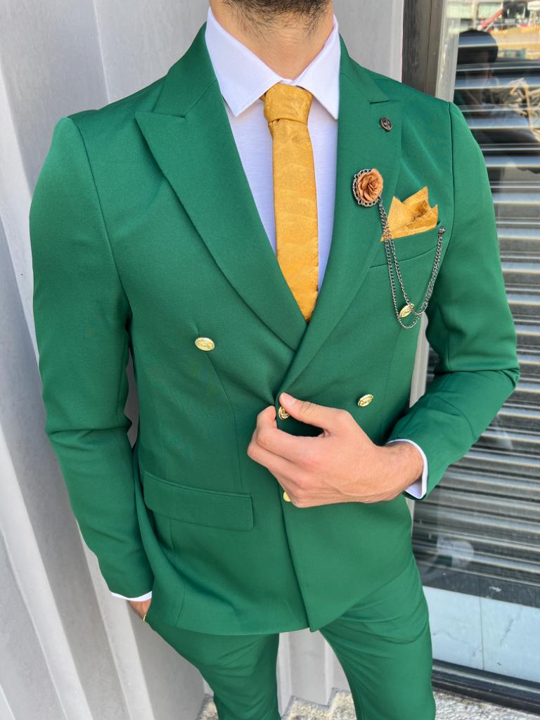 Slim Fit Double Breasted Suit - Green