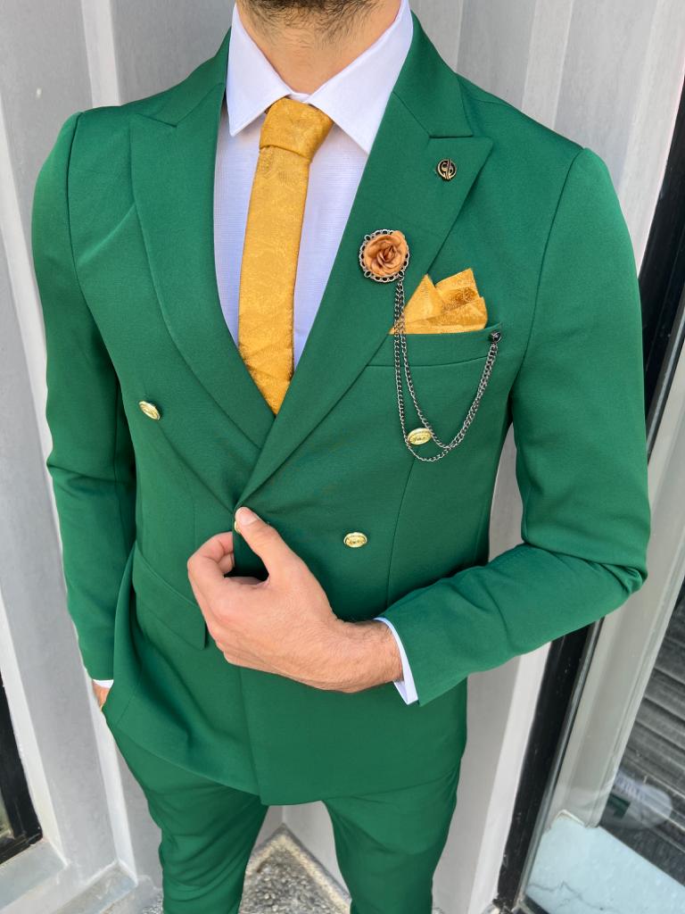 Slim Fit Double Breasted Suit - Green