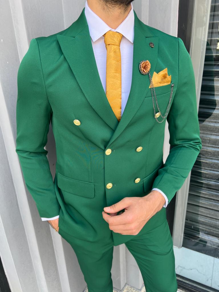 Slim Fit Double Breasted Suit - Green