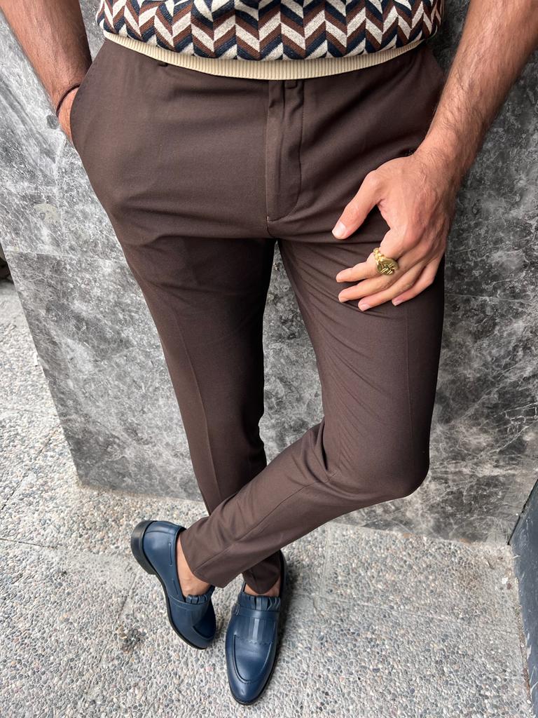 Pantalon Slim Fit En Tissu Avec Poches Latérales-Marron