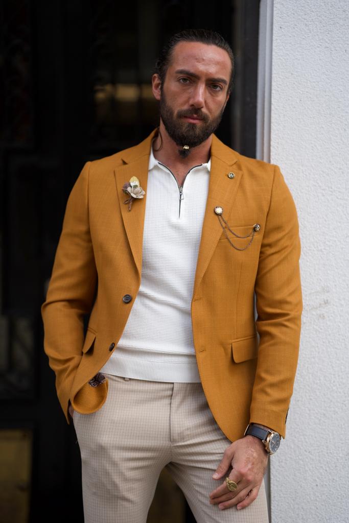 Slim Fit Mono Collar Bleazer Jacket-Camel