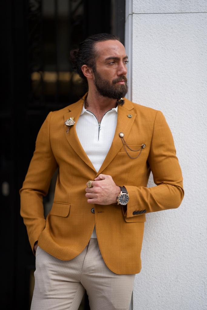 Slim Fit Mono Collar Bleazer Jacket-Camel