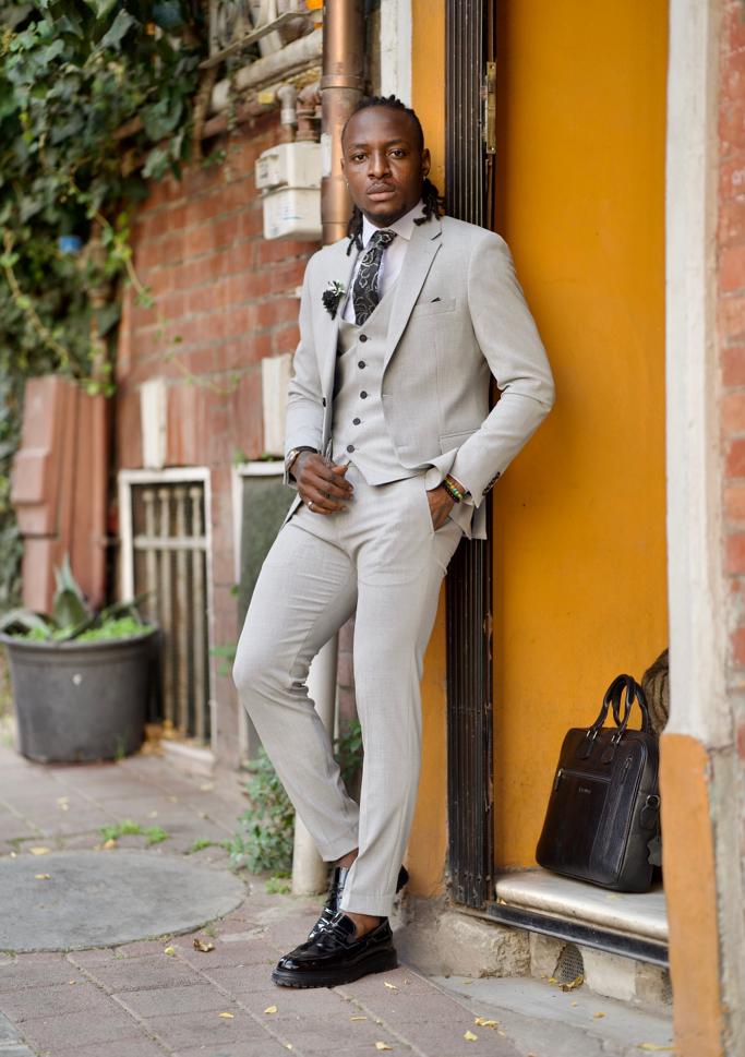 Slim Fit Mono Collar Suit - Grey