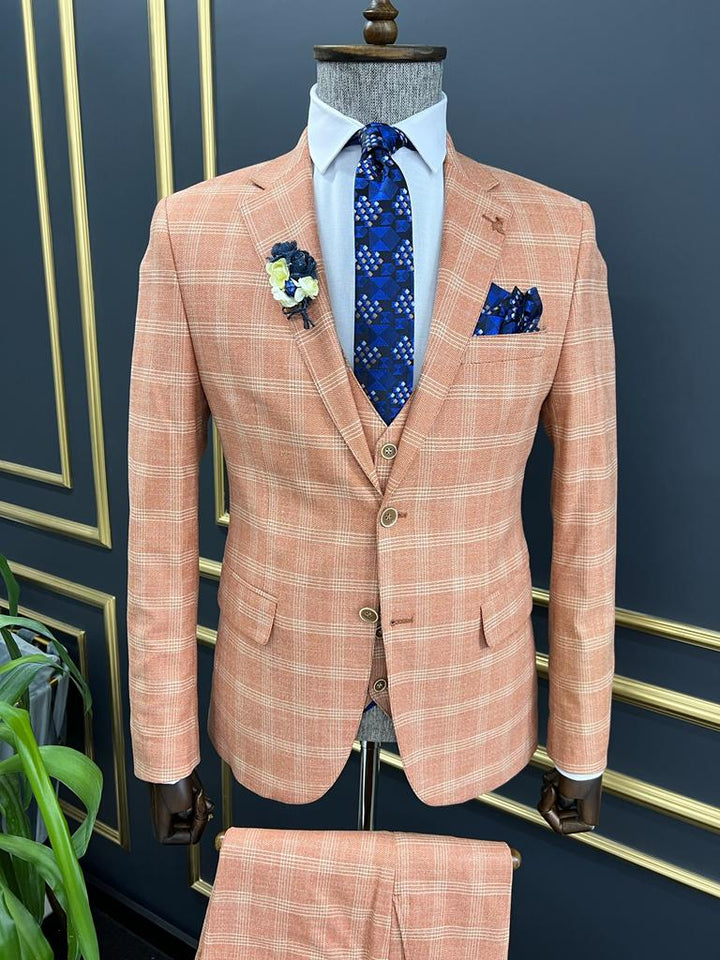 Slim Fit Plaid Striped Suit - Tile