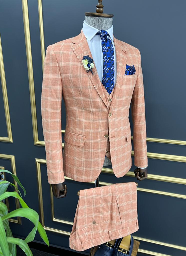 Slim Fit Plaid Striped Suit - Tile