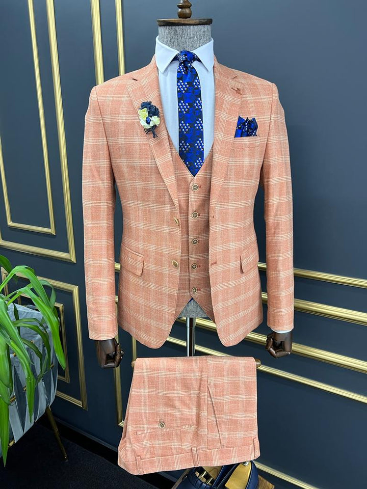 Slim Fit Plaid Striped Suit - Tile