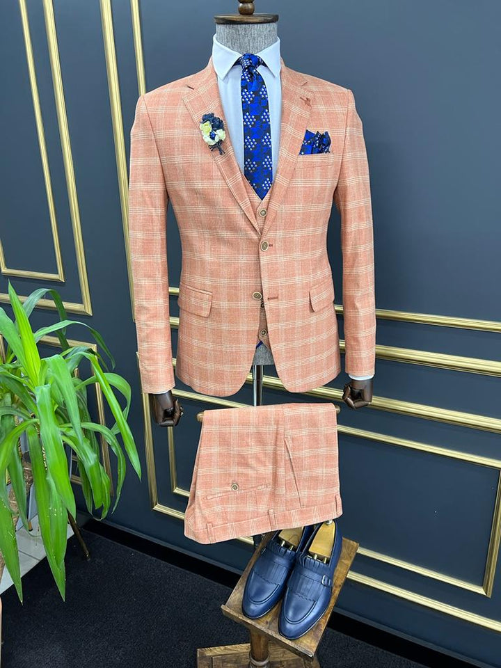 Slim Fit Plaid Striped Suit - Tile