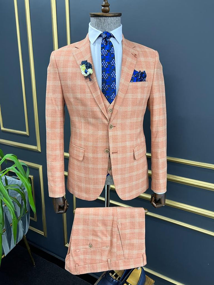 Slim Fit Plaid Striped Suit - Tile