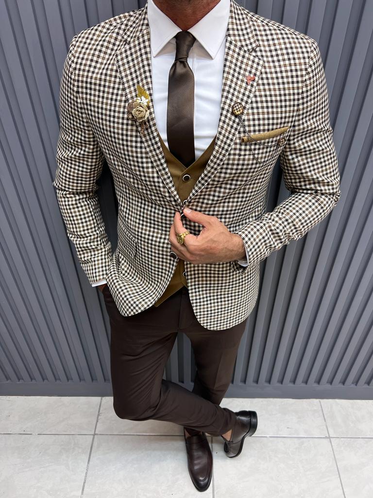 Slim  Fit Plaid Suit-Brown
