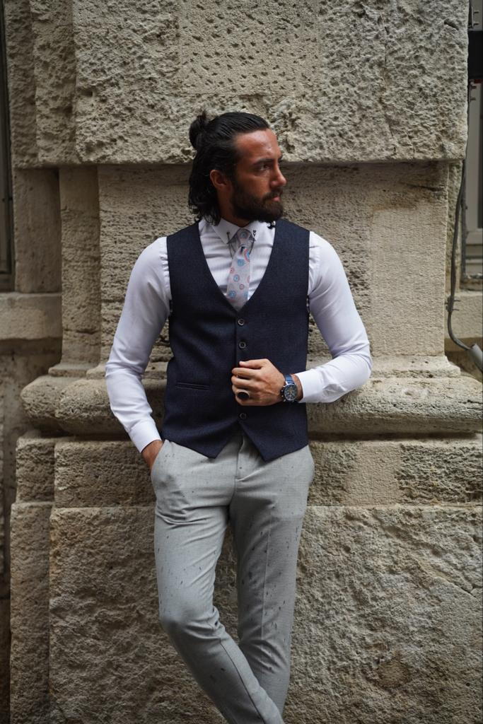 Slim Fit Plaid Vest -  Dark Blue