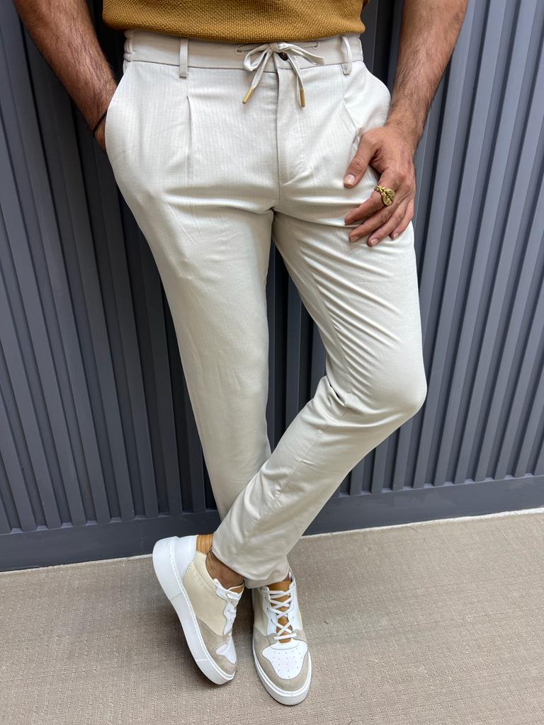 Slim Fit Pleated Fabric Trousers With Side Pockets -Beige