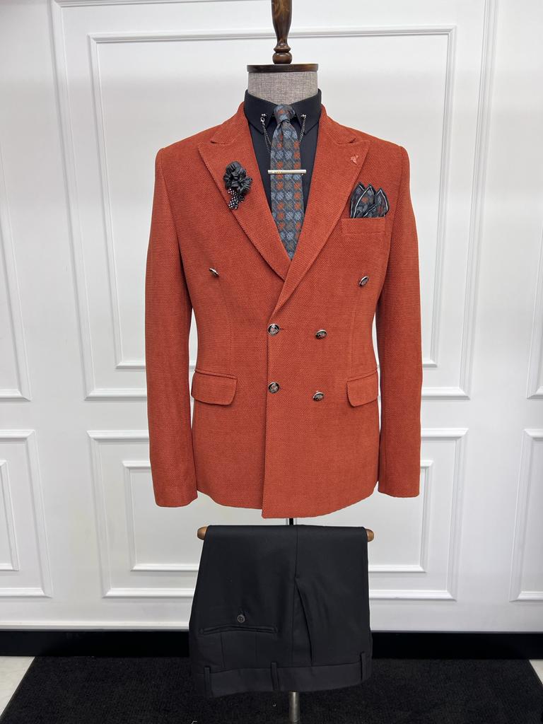Slim Fit Special Design Double-breasted Detailed Jacket -   Brick