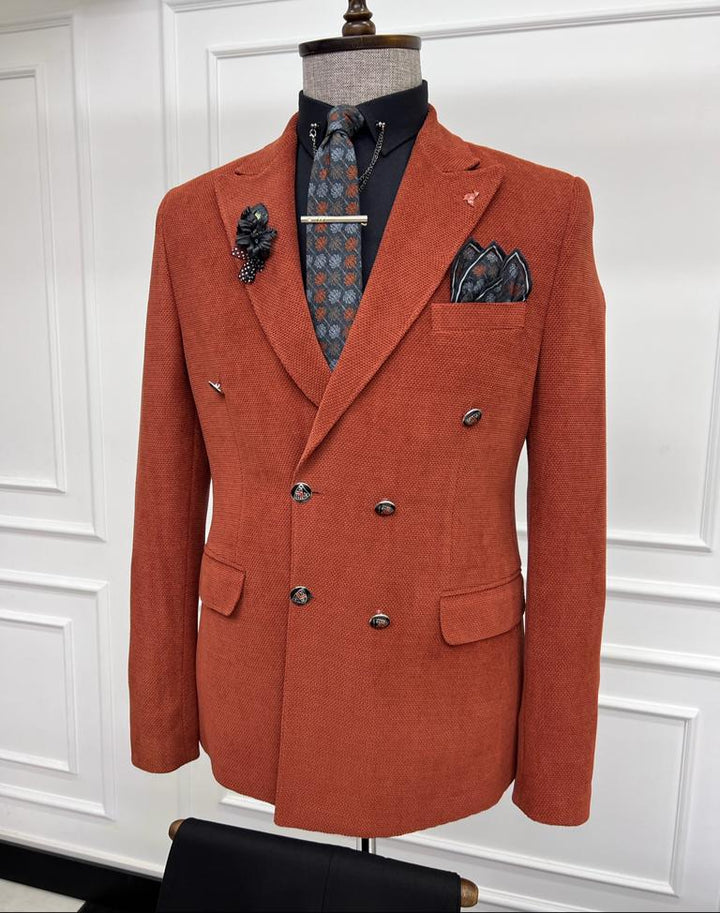 Slim Fit Special Design Double-breasted Detailed Jacket -   Brick