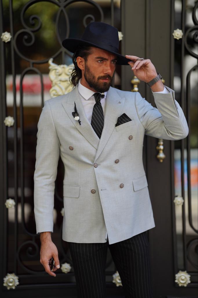 Slim Fit Special Design Double-breasted Detailed Jacket -  Grey