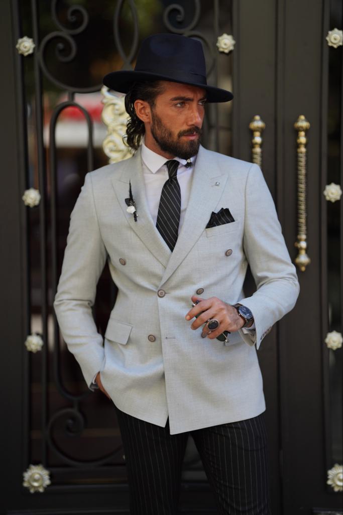 Slim Fit Special Design Double-breasted Detailed Jacket -  Grey