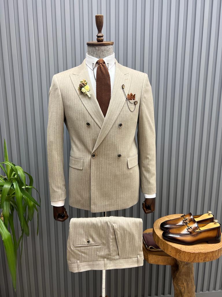 Slim Fit Striped Double-breasted Suit- Beige