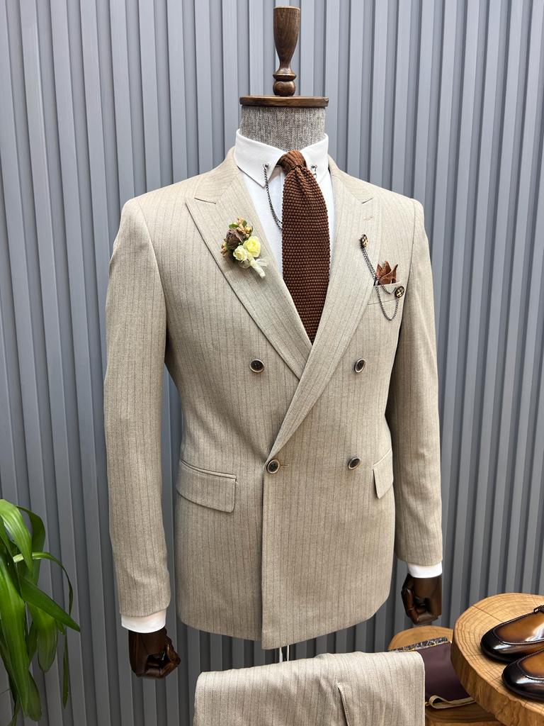 Slim Fit Striped Double-breasted Suit- Beige