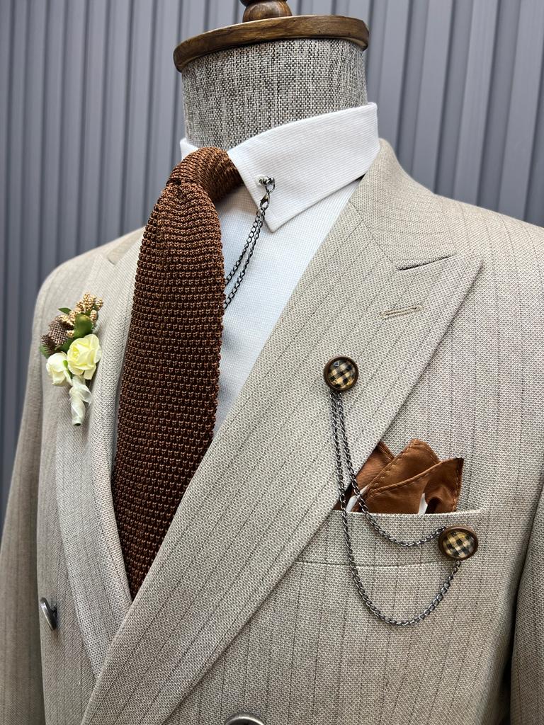 Slim Fit Striped Double-breasted Suit- Beige