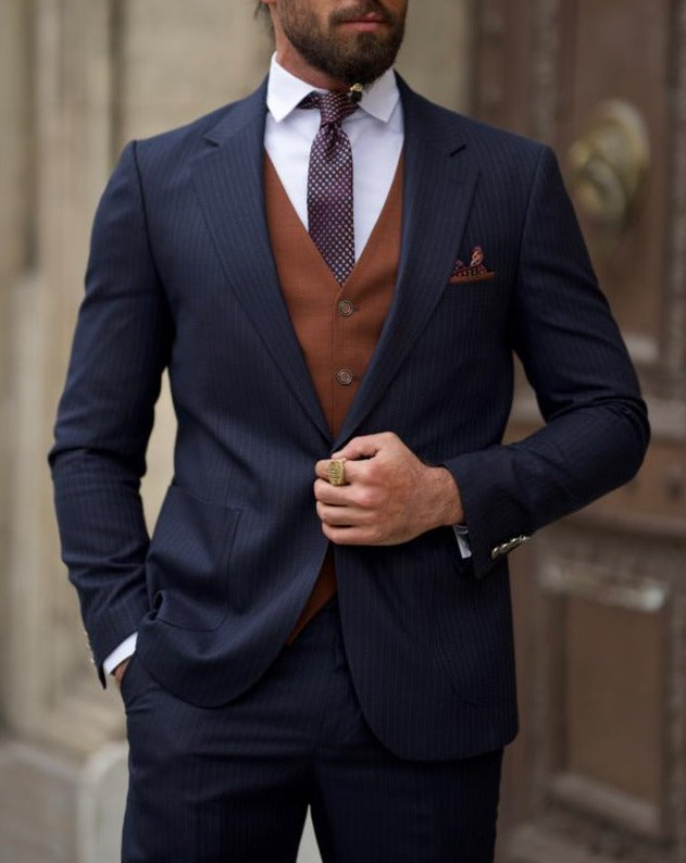 Slim Fit Vest Striped Suit- Blue